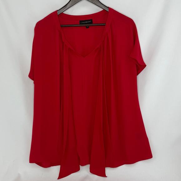 Lane Bryant Red Chiffon Blouse 16 Womens Tie Front Sheer Dolman Sleeve Fall Top - Picture 1 of 4